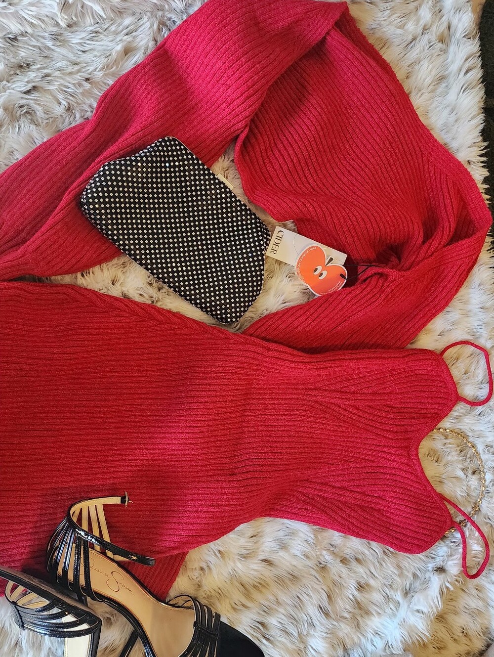 Cider Bright Red Ribbed Spaghetti Tank Dress With Matching Sweater